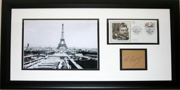AUTOGRAPH OF GUSTAVE EIFFEL W/ PHOTO OF TOWER: AUTOGRAPH OF GUSTAVE EIFFEL WITH B/W PHOTO OF EIFFEL TOWER & 1ST DAY COVER WITH EIFFEL'S LIKENESS:photo depicts the Paris Exposition dedication of the tower c. 1889. H. 8 1/2" x W. 18" framed and matt