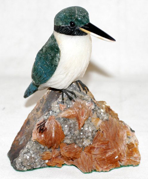 GERMAN CHYSOCOLLA & DOLOMITE STONE KINGFISHER: GERMAN CHYSOCOLLA & DOLOMITE CARVED STONE KINGFISHER WITH QUARTZ BASE, H 5 1/2": By Manfred Wild, Idar-Oberstrin, Rhld. Pflaz, GermanyEx Collection of Rene C Mc Pherson and Nancy Mc Pherson of Toledo,