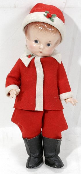 EFFANBEE 'PATSY, JR.' MOLDED PLASTIC DOLL: EFFANBEE 'PATSY, JR.' MOLDED PLASTIC DOLL IN FELT CHRISTMAS OUTFIT, C.1930, H 11 1/2":Molded "Effanbee Patsy Jr. Doll" at her back. Ex Estate of Margaret Snow Kandt, Dearborn, MI.