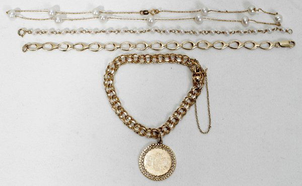 14KT GOLD & PEARL BRACELETS & NECKLACE: 14KT YELLOW GOLD & PEARL BRACELETS AND A NECKLACE, FOUR PIECES:Including 2 14kt yellow gold link bracelets, one of which hung with a monogrammed charm dated 1968, L.7" (weighing approximately 4.8 and