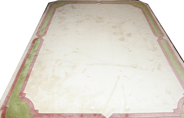 EDWARD FIELDS AREA CARPETING, 10' 5"x9': EDWARD FIELDS AREA CARPETING WITH BEIGE FIELD, GREEN AND PINK BORDER, 10' 5" X 9': Ex Estate of Brigida Bianco, Windemere, Grosse Pointe Farm