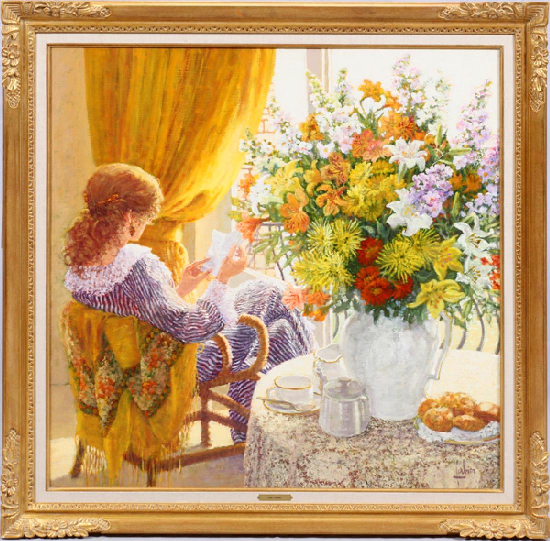 LOUIS FABIEN OIL PAINTING: LOUIS FABIEN (FRENCH B. 1924), OIL PAINTING, H 24", W 24":depicts a woman sitting by a window reading a letter, next to a table with a vase with flowers, croissants, tea cups, creamer and sugar. Signe