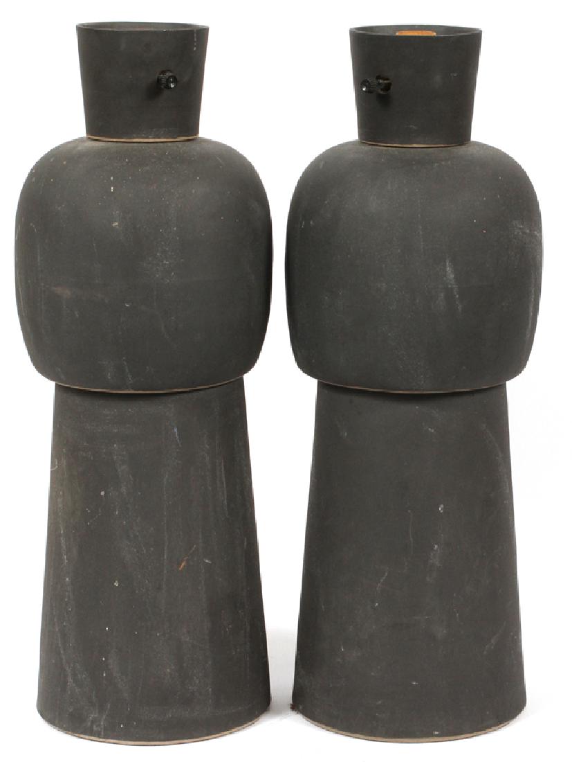 MARTZ BLACK MATTE POTTERY LAMPS PAIR: MARTZ, BLACK MATTE POTTERY LAMPS, PAIR, H 22", DIA 7":Signed. 22 1/2" H. x 7" Dia.