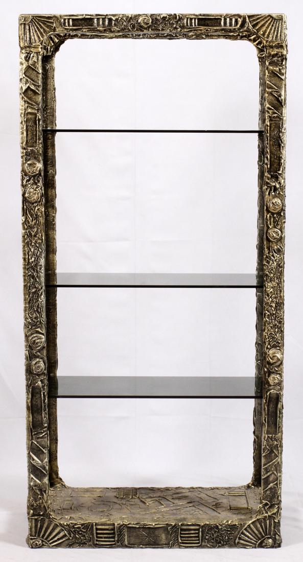 ADRIAN PEARSALL FOR KRAFT ASSOCIATES ETAGERE: ADRIAN PEARSALL FOR KRAFT ASSOCIATES, ETAGERE, H 76", L 36", D 17":Having a contemporary design with an abstract textured finish in relief and three glass shelves.
