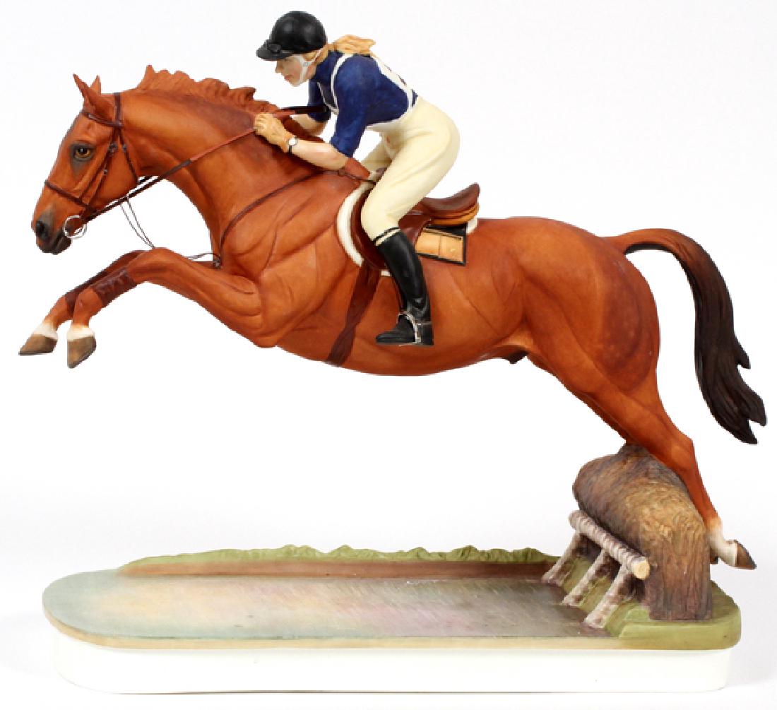 ROYAL WORCESTER DORIS LINDNER SIGNED FIGURINE: ROYAL WORCESTER, DORIS LINDNER SIGNED, LIMITED EDITION BISQUE PORCELAIN FIGURINE, 1972, H 12", "PRINCESS ANN ON DOUBLET":Depicts British Princess Ann on her horse Doublet performing a jump. Royal Worc