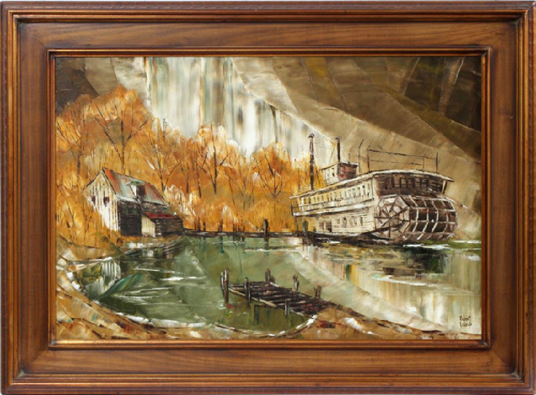 ROBERT LEBRON OIL ON CANVAS: ROBERT LEBRON (AMER B 1923), OIL ON CANVAS, H 24", W 35", RIVERBOAT:Depicts a riverboat tied up to a dock. Signed lower right. Wood frame size, 33" x 45".