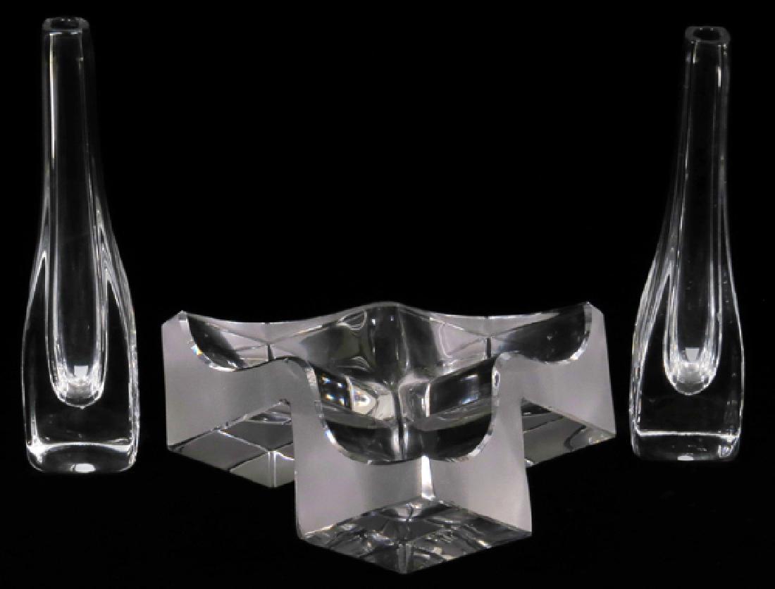 GROUP OF MODERN GLASS TABLE ACCESSORIES 20TH C.: GROUP OF MODERN GLASS TABLE ACCESSORIES, 20TH C., 3 ITEMS, H 8 1/4":Comprising: (1) Daum "Roc 17" cubed bowl with acid-etched signature, height 3 1/4", diameter 8"; and a pair (2) of Orrefors crystal