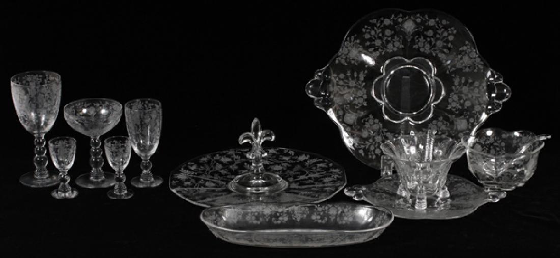 FOSTORIA ETCHED CRYSTAL STEMWARE 19 PCS CIRCA 1940: FOSTORIA ETCHED CRYSTAL STEMWARE, 19 PCS, CIRCA 1940:12 goblets 6 7/8", 6 champagnes. Also 2 brandy, 3 wines and 1 dessert tray. Actually 24 pieces. Three stacked balls at stem.
