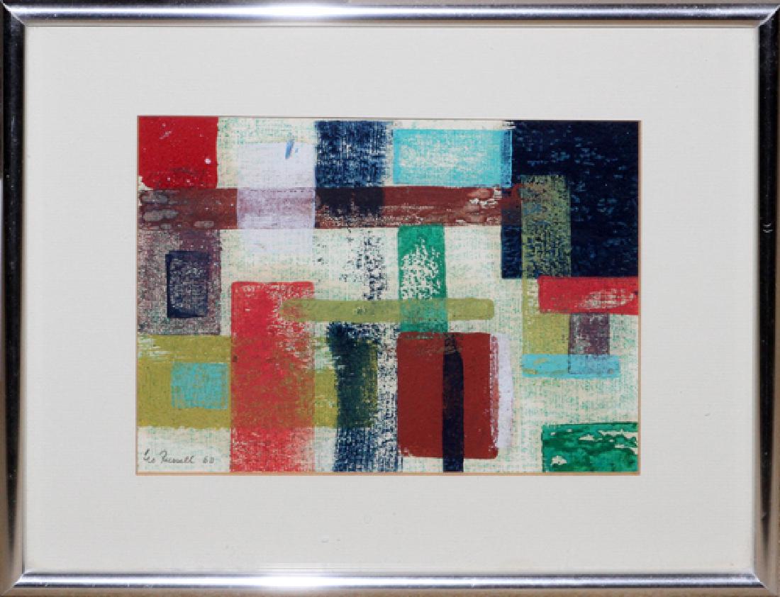 LEO RUSSELL COLOR WOODCUT 1960: LEO RUSSELL (AMERICAN, B. 1917), COLOR WOODCUT, 1960, H 7", W 9 1/2", "ABSTRACTION":Framed. From a limited edition of 200 or 100 (graphic is not numbered but the provenance lists it as such). From Col