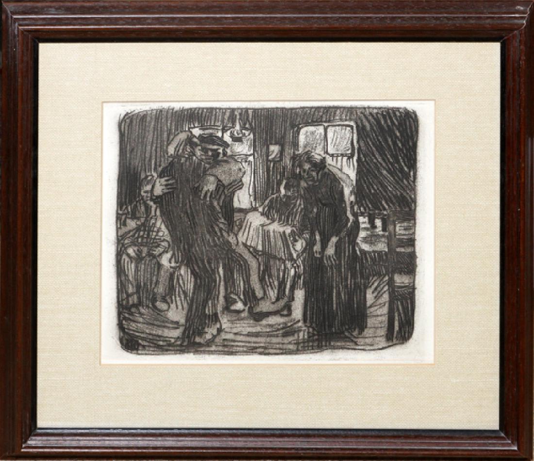 KATHE KOLLWITZ RESTRIKE ETCHING: KATHE KOLLWITZ (GERMAN 1867-1945), RESTRIKE ETCHING, H 7 1/8", W 8 1/2", "HAMBURG PUBLIC HOUSE":Unsigned; framed. Ferdinand Roten Galleries, Baltimore, MD label 35-KL#58 with information on the print.