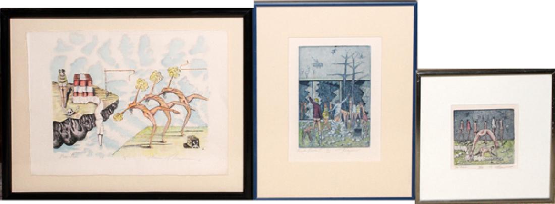 BRUCE THAYER SURREALISTIC GRAPHICS: BRUCE THAYER (AMERICAN, B. 1952), SURREALISTIC GRAPHICS, 3, H 4" TO 10", W 4" TO 12":Includes: "Pom Pom", lithograph, 1/6, c. 1997; "Temple People II", etching and aquatint, 5/20'; "Star Babies", etch