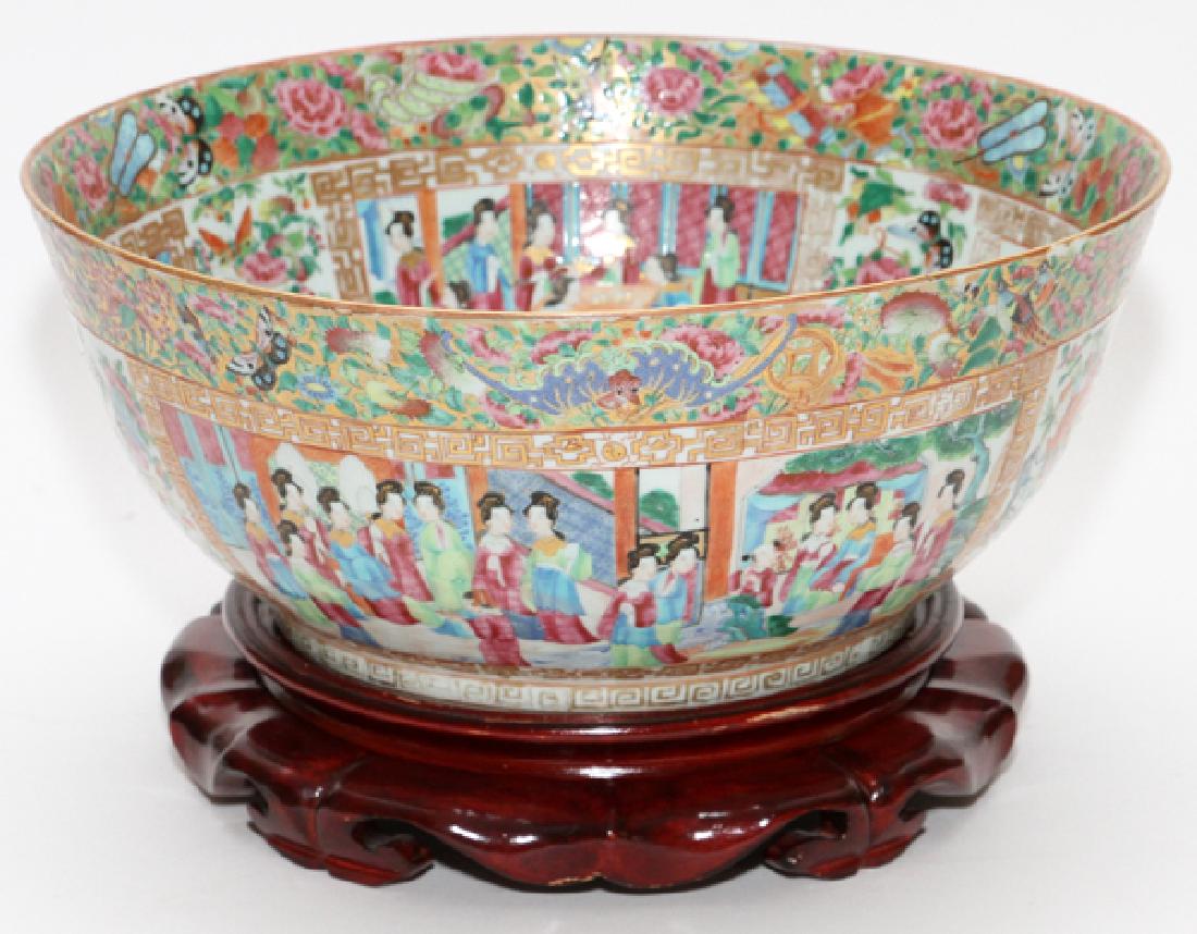 CHINESE PORCELAIN BOWL 19TH CENTURY: CHINESE PORCELAIN BOWL, 19TH CENTURY, H 6 1/2", DIA 15 1/2":A rose medallion design, with Mandarin scenes and fired gold accents. From the estate of Daniel Clancy, Voltaire Place, Grosse Pointe Farms.