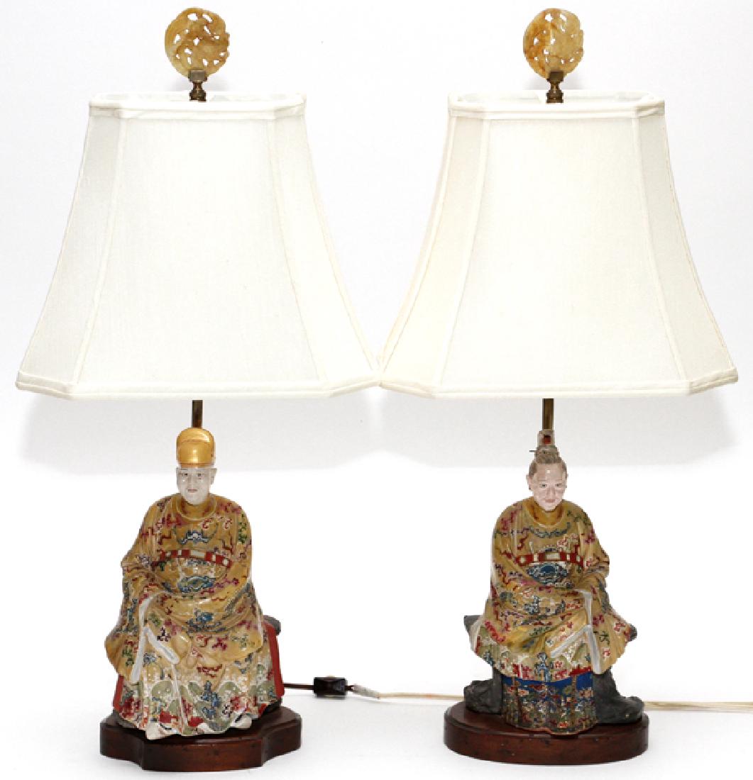 CHINESE POLYCHROME FIGURES MOUNTED AS LAMPS PAIR (1 of 3)