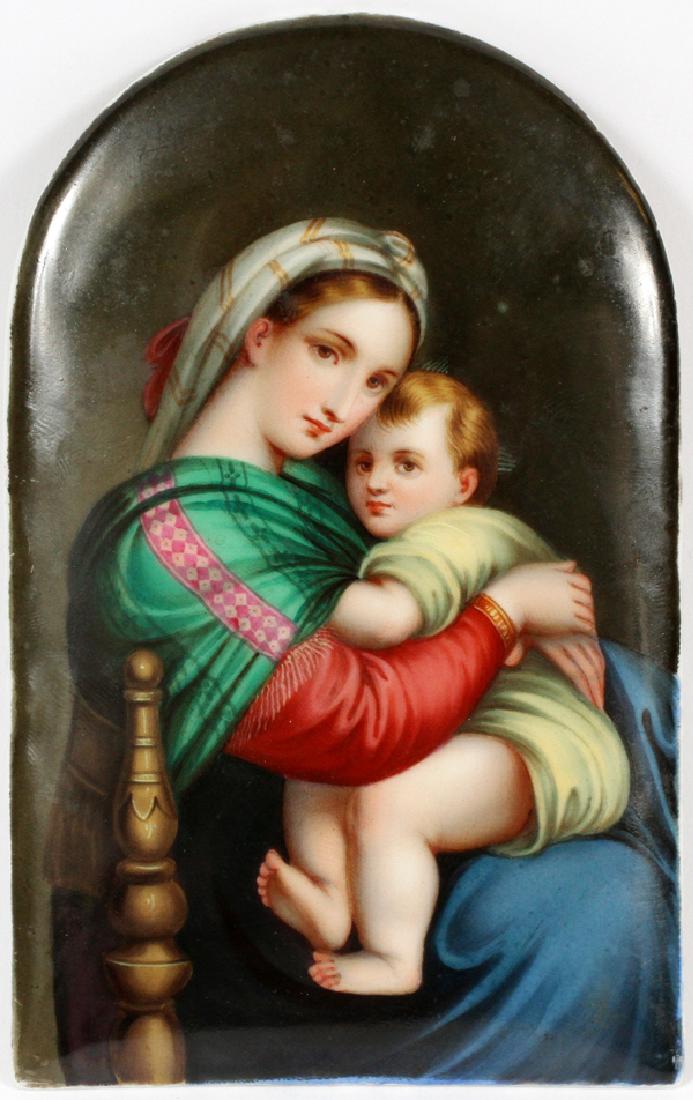 AFTER RAPHAEL HAND-PAINTED PORCELAIN PLAQUE: AFTER RAPHAEL, HAND-PAINTED PORCELAIN PLAQUE, PROB. LATE 19TH C., H 5 1/4", L 3 1/4", "MADONNA DELLA SEGGIOLA":Verso stamped "33(?) Z" in lower right corner.