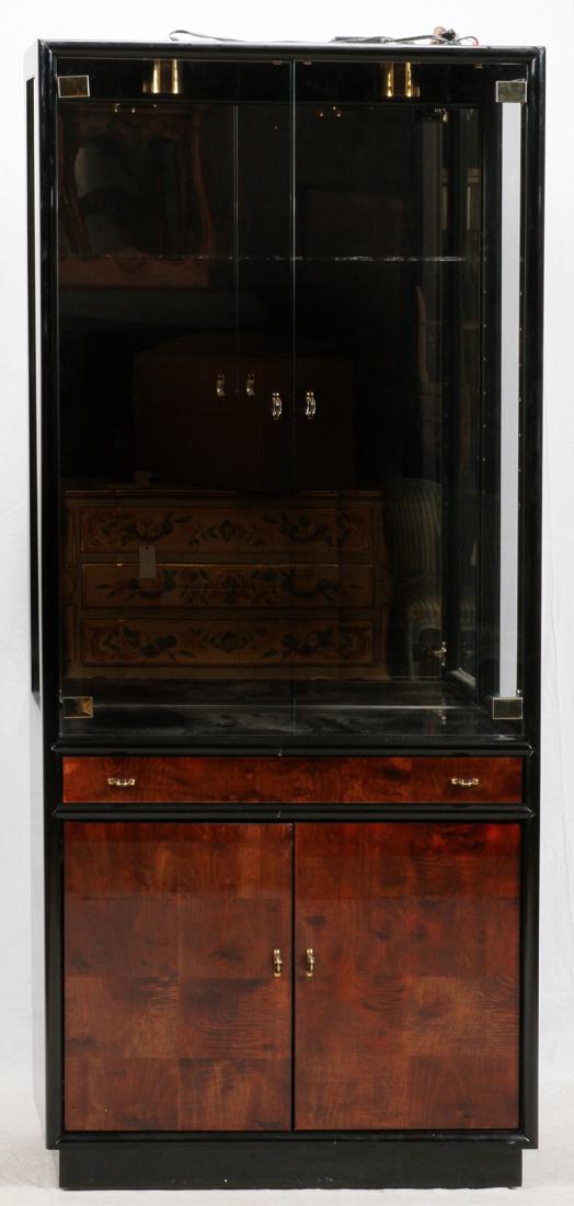 HENREDON BLACK LACQUER & LAMINATED WOOD CABINET: HENREDON 'SCENE THREE' BLACK LACQUER AND LAMINATED WOOD CABINET, H 81", W 36", D 17":A black lacquered and laminated wood cabinet, having glass front doors, mirrored back, pull-out serving surface, an