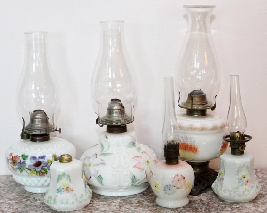 MILK GLASS HAND PAINTED OIL LAMPS 19TH.C 6 PIECES (1 of 2)