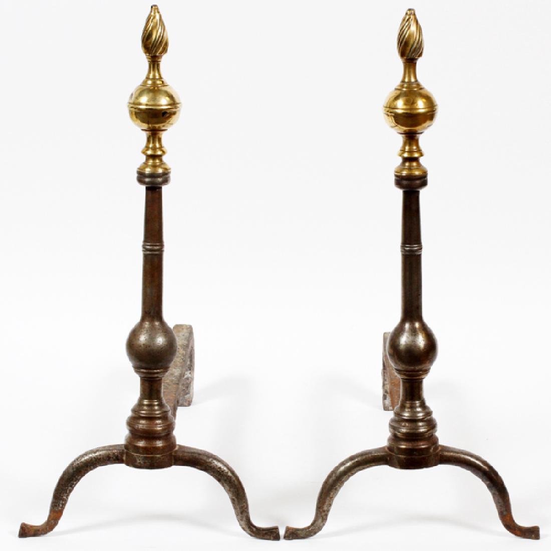 PEWTER AND BRASS ANDIRONS 18TH C. PAIR (1 of 2)