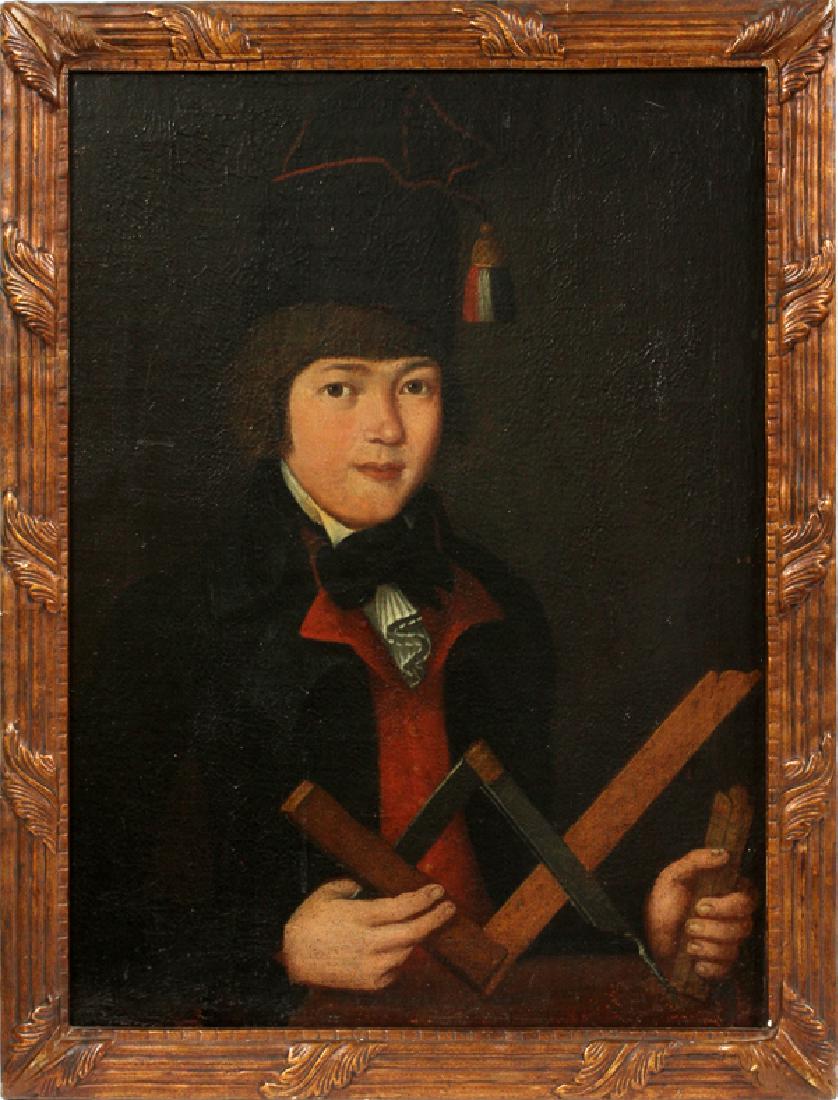 UNSIGNED OIL ON CANVAS 19TH CENTURY: UNSIGNED, OIL ON CANVAS, 19TH CENTURY, H 26", W 19", PORTRAIT:A half portrait of a young man with Masonic imagery. No apparent signature. From the Estate of Daniel Clancy, Voltaire Place, Grosse Point