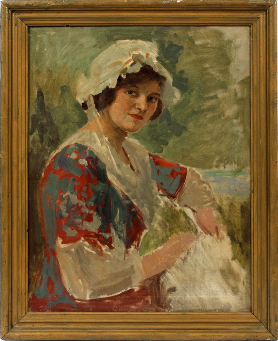 ATTR. TO JOSEPH W. GIESYOUNG WOMAN WEARING A BONNET: ATTR. TO JOSEPH W. GIES (AMERICAN, 1860-1935), YOUNG WOMAN WEARING A BONNET, H 28 1/2", L 22":Attributed to Joseph W. Gies (American, 1860-1935). Depicting a young woman wearing a bonnet. Oil on canva