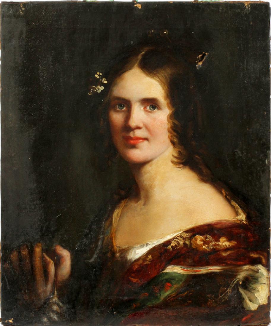 ENGLISH SCHOOL 19TH CENTURY PORTRAIT OF A LADY: ENGLISH SCHOOL, 19TH CENTURY, PORTRAIT OF A LADY, H 24 1/4", L 20":A bust portrait of a lady. Unsigned. Oil on canvas. Stamped to verso: "Prepared by Robinson & Miller / 51 Long Acre London". 24 1/4" 