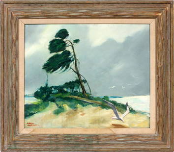 KARL LARSEN DANISH OIL ON BOARD 'WINDY DAY' 1920: KARL LARSEN, DANISH, OIL ON BOARD 'WINDY DAY' 1920 H 20" W 24":Karl Larsen, Danish - American. Image Size; 20" High x 24" Wide. Frame Size: 28 1/2" High x 33" Wide. -