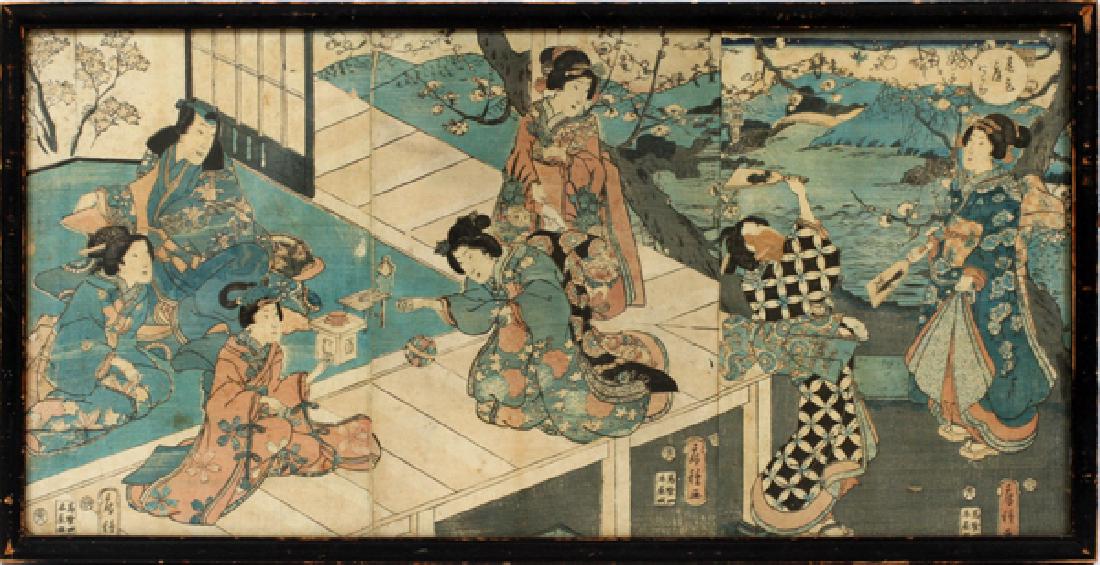 UTAGAWA FUSATANE COLOR WOODBLOCK TRIPTYCH C. 1854: UTAGAWA FUSATANE (JAPANESE, ACTIVE 1854-1888), COLOR WOODBLOCK TRIPTYCH, C. 1854, H 14", L 28 1/2":Utagawa Fusatane (Japanese, active 1854-1888). Color woodblock triptych. Circa 1854. Right panel titl