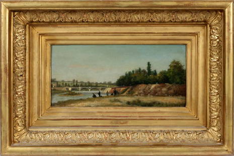 STANISLAS LEPINE OIL ON WOOD PANEL: STANISLAS LEPINE (FRENCH, 1835-1892), OIL ON WOOD PANEL, H 6 1/2", W 14":In a shadowbox style gilt wood and gesso frame. Fishermen along the banks of a river. From the Estate of Daniel Clancy, Voltair