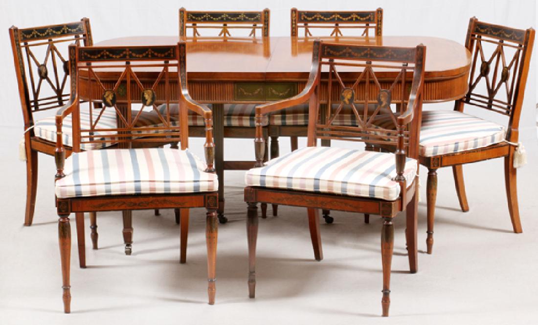 ROBERT IRWIN ADAMS STYLE SATINWOOD DINING ROOM SET: ROBERT IRWIN, ADAMS STYLE SATINWOOD AND HAND PAINTED DINING ROOM SET:C. 1940. Includes a buffet, H36 1/2" x 66" x 39", china cabinet, H65" x 33" x 14", table, H30" x 66" x 39", two armchairs, and four