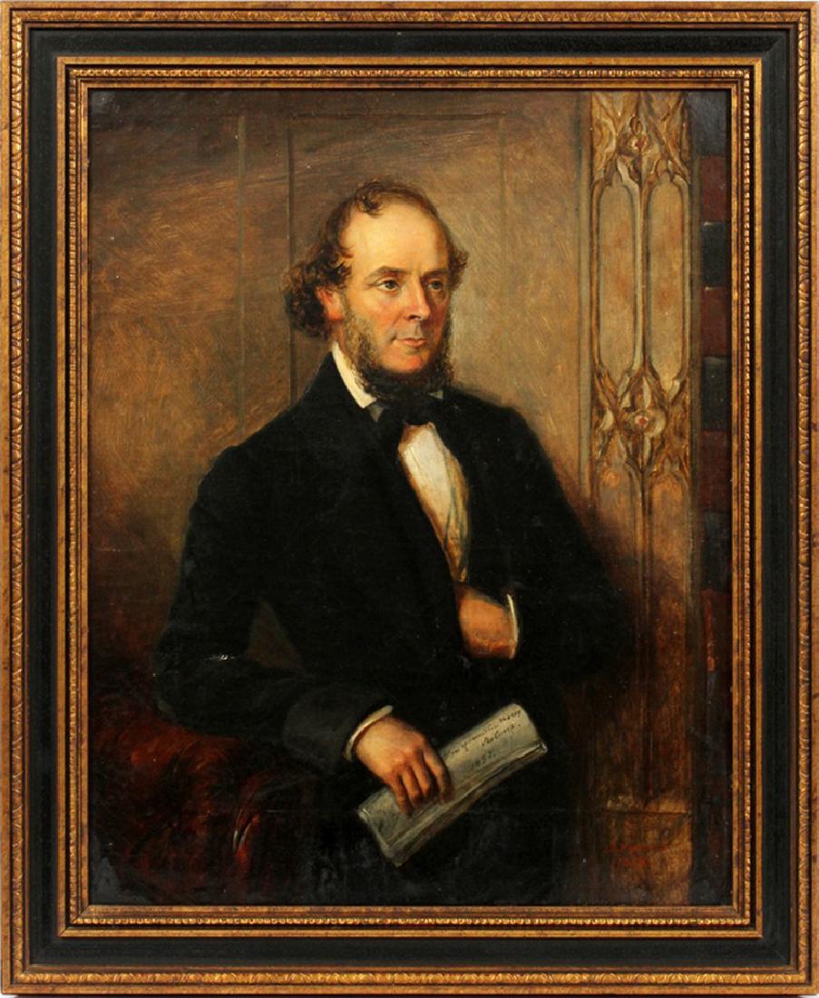 JAMES BUTLER BRENAN OIL ON CANVAS 1858: JAMES BUTLER BRENAN (IRISH, 1825-1889), OIL ON CANVAS, 1858, H 21", W 17", PORTRAIT OF A MAN HOLDING A DOCUMENT FROM 1857:Signed and dated lower right; later frame.