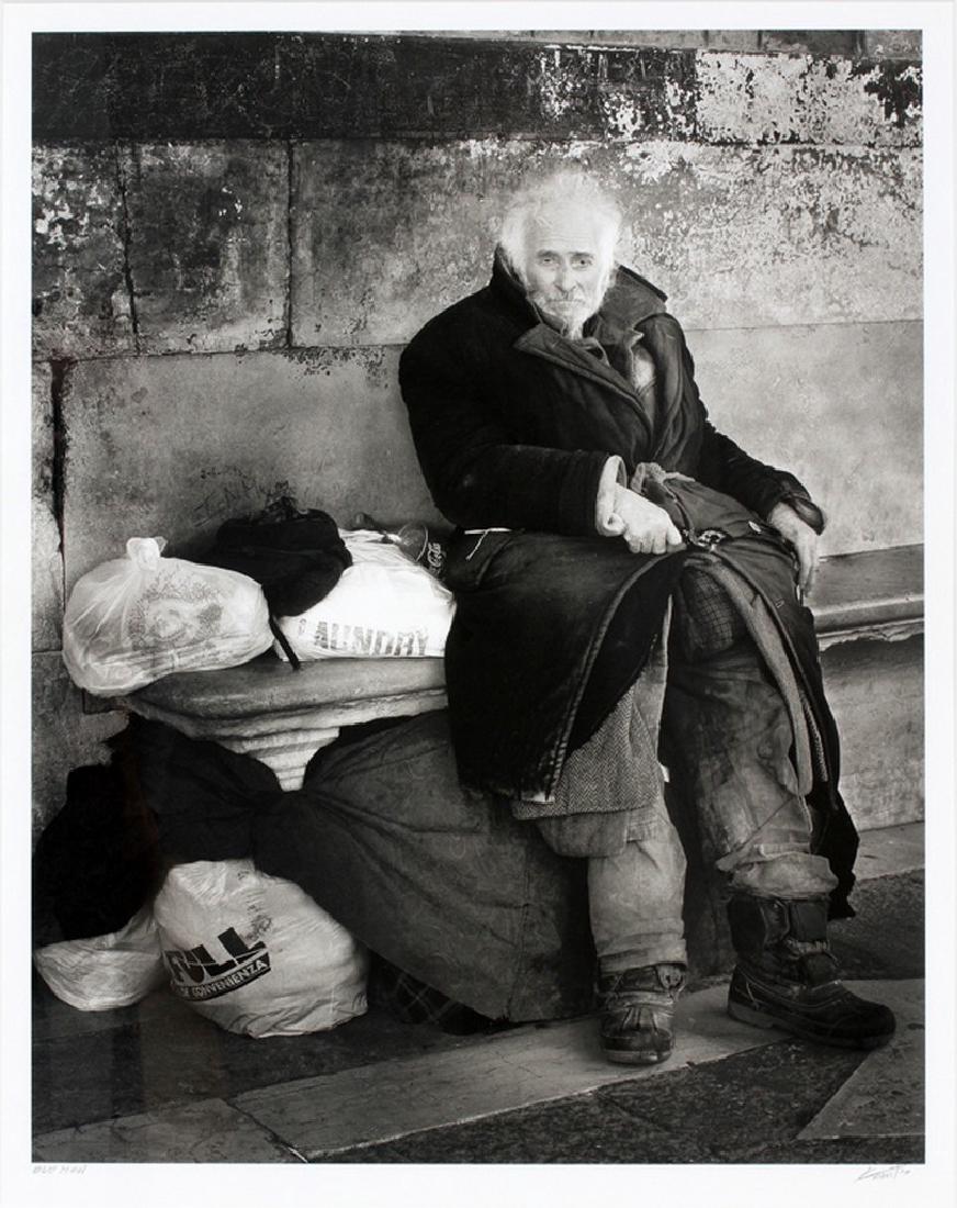 MICHAEL J. KRAVIT CARBON PIEZOTYPE: MICHAEL J. KRAVIT, CARBON PIEZOTYPE, "HOMELESS MAN, VENICE, ITALY", H 19", W 15":Pencil signed lower right margin; framed.