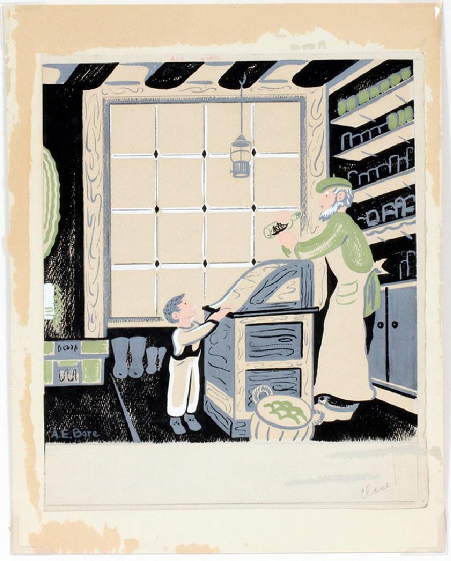 ARNOLD EDWIN BARE TEMPERA ON PAPER: ARNOLD EDWIN BARE (AMERICAN ILLUSTRATOR, B. 1920) TEMPERA ON PAPER LAID DOWN ON BOARD, IMAGE: H 11", W 11", STOREKEEPER WITH CHILD:Signed lower left; matted only. 13 1/4" x 11" paper.