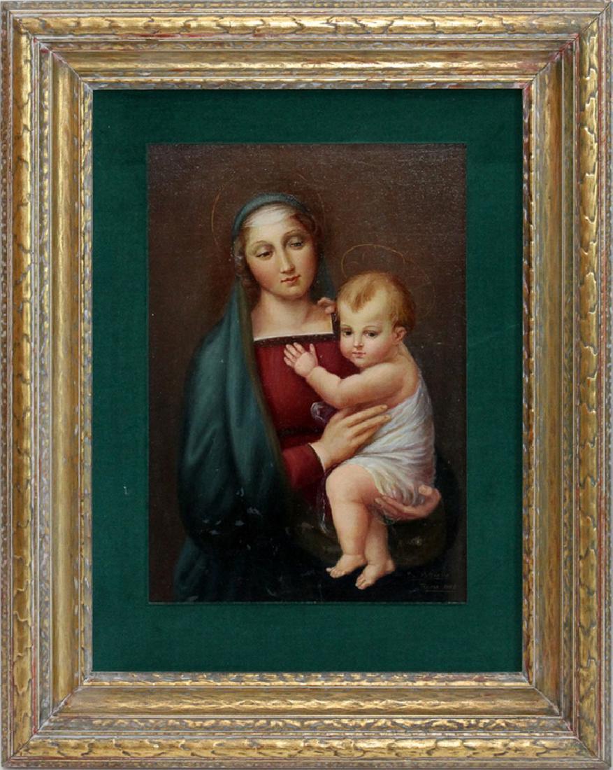PAINTING AFTER RAPHAEL 1958: PAINTING AFTER RAPHAEL 1958 H 13" W 9" MADONNA:After Raphael, depicting the Madonna and Child, 13" x 9", overall framed size 21" x 17". Rome, 1958.