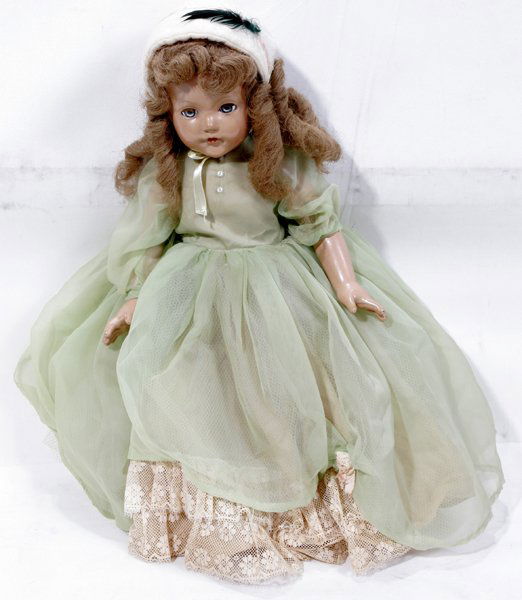 EFFANBEE U.S.A. COMPOSITION ANNE SHIRLEY DOLL: EFFANBEE U.S.A., COMPOSITION 'ANNE SHIRLEY' DOLL, 1939 - 59, H 21":Composition head with blue sleep eyes, hand painted features with closed mouth, and marked "Effanbee Anne Shirley" about back.