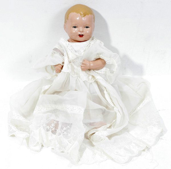 EFFANBEE COMP & CLOTH 'BUBBLES' DOLL W/ VOICE: EFFANBEE U.S.A., COMPOSITION AND CLOTH 'BUBBLES' DOLL WITH VOICE BOX, H 12":Composition head with blue sleep eyes, molded hair, hand painted features and open mouth revealing two teeth. Marked "Effanb