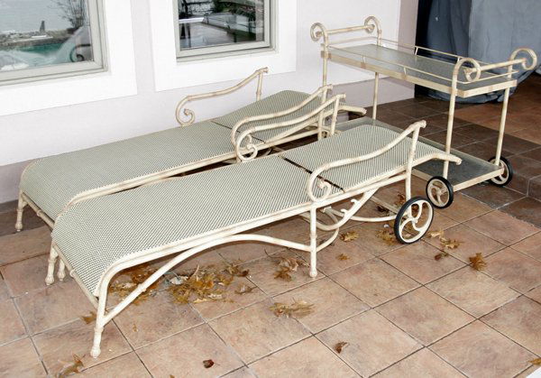 TERRACE SET; SERVING CART, TWO CHAISES & TABLE: FOUR-PIECE TERRACE SET, INCLUDING SERVING CART, TWO CHAISES, & A TABLE, H 24":