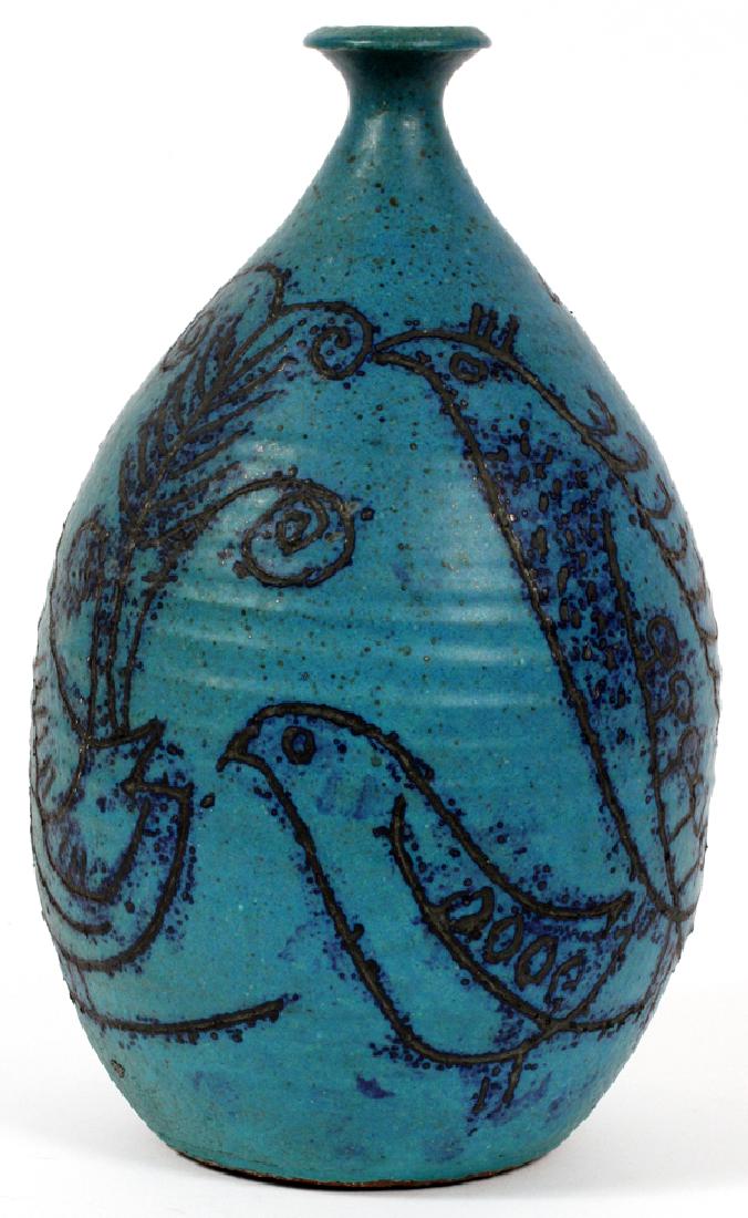 MAURICE GROSSMAN POTTERY VASE: MAURICE GROSSMAN, POTTERY VASE, H 10", DIA 5 1/2":having a blue ground, small neck with flared rim. Having abstract figures and horse on sides. Signed: "M K G" and a "Maurice K. Grossman designer-craf