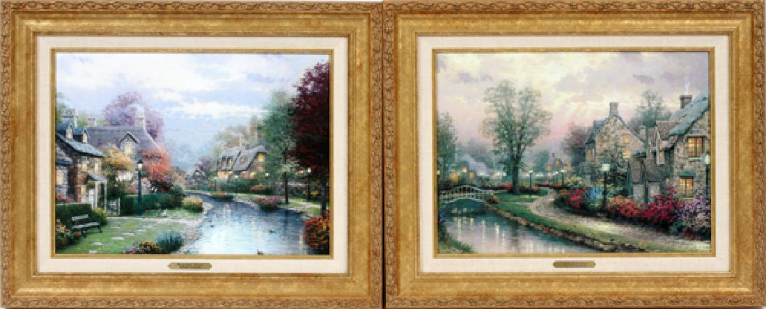 THOMAS KINKADE COLORED PRINTS: THOMAS KINKADE, COLORED PRINTS, LANDSCAPES, PAIR, H 12", W 16":"Lamplight Lane", "Lamplight Brook". Frame size: 17" x 21". With certificates on verso.