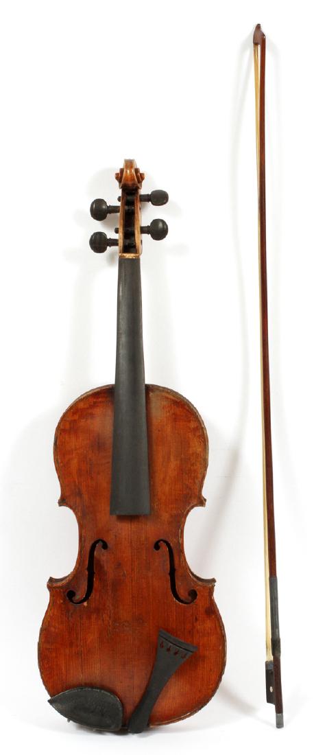 CARL BECKER STYLE ANTIQUE VIOLIN EARLY 20TH C.: CARL BECKER STYLE, ANTIQUE VIOLIN, EARLY 20TH C.:Missing paper label to interior. The chin rest reads: "Becker's Chin & Shoulder Rest. Accompanied by case and mother-of-pear inlaid bow.