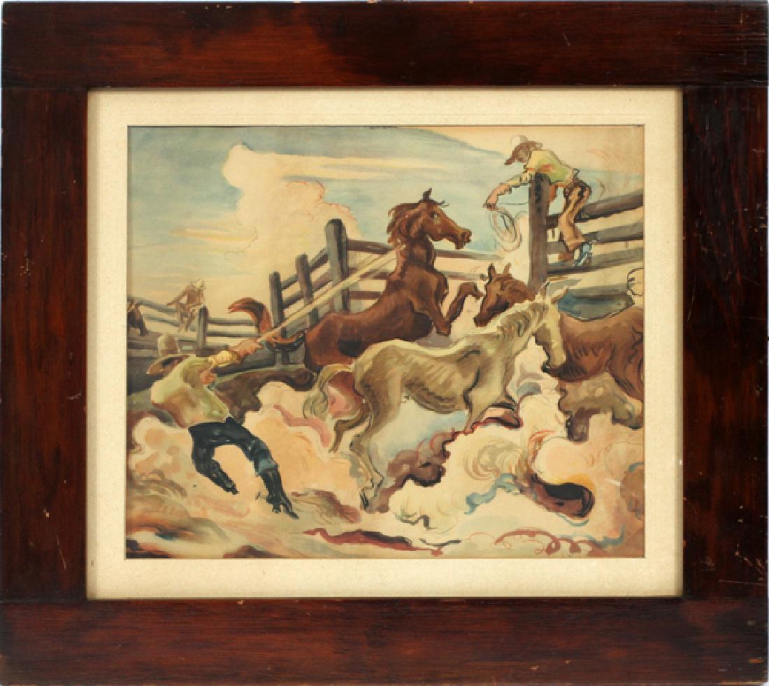 AFTER THOMAS HART BENTON COLOR PRINT 1937: AFTER THOMAS HART BENTON, COLOR PRINT 1937, H 9 3/4", W 12", "LASSOING HORSES":Framed and mounted under glass, measures overall H.15 1/2" x 17 1/2". A print from the Brooklyn Museum, 1937.