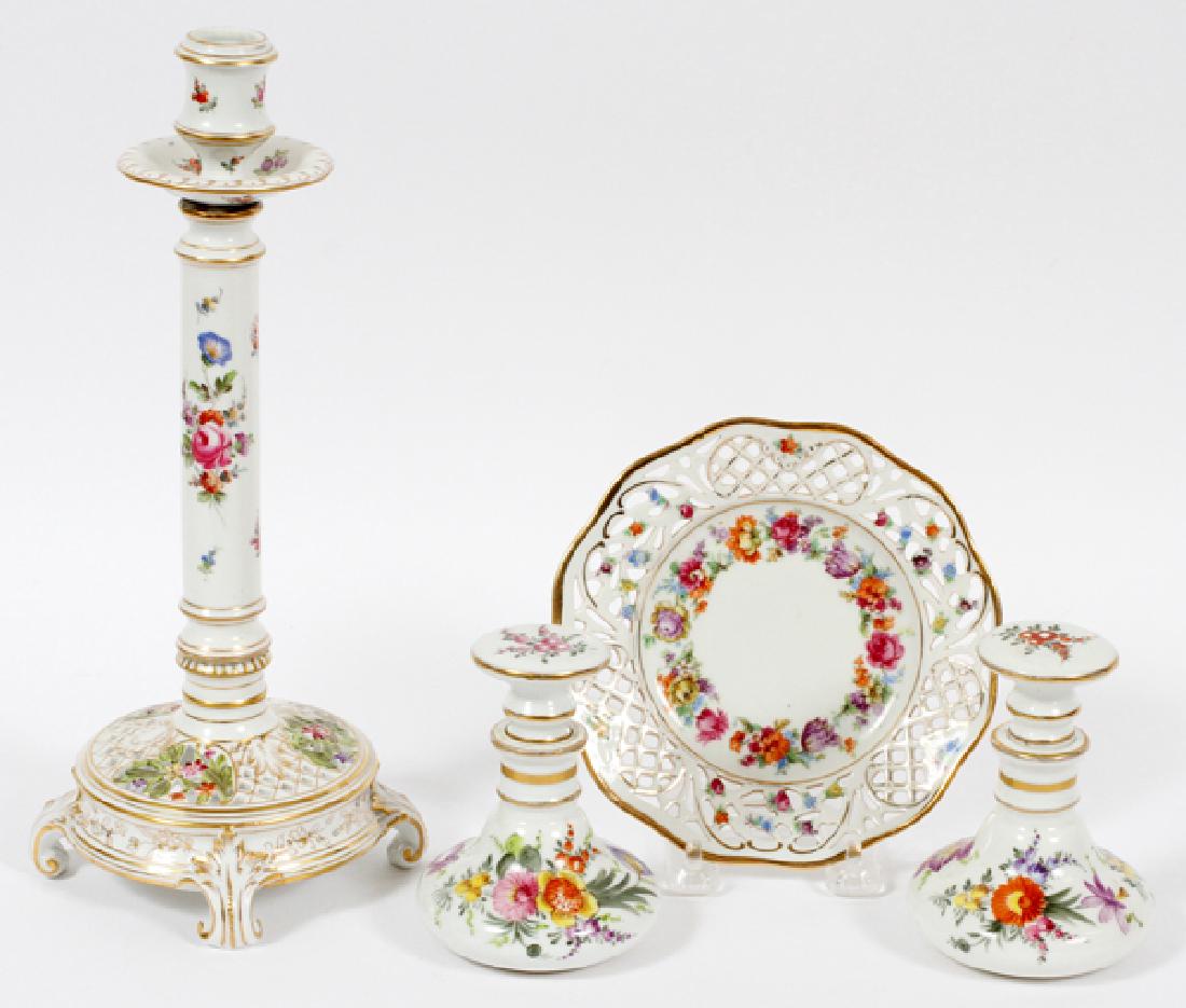 GERMAN PORCELAIN COLOGNES PLATE & CANDLESTICK: GERMAN PORCELAIN COLOGNES, PLATE & CANDLESTICK, 4 PIECES, H 4 1/2"-12":Includes 1 Dresden single light candlestick holder and Dresden saucer, Dia.6 1/2", each with reticulated gilt design. Together wi