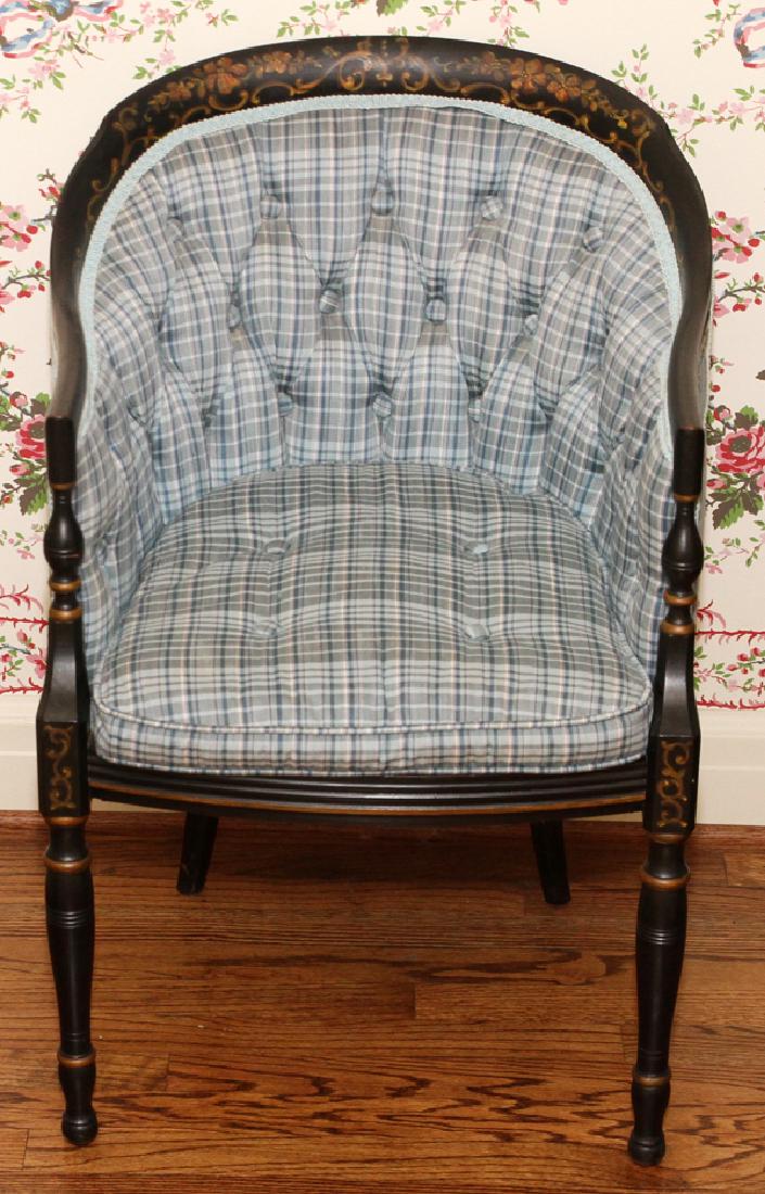 BLACK LACQUERED BOUDOIR CHAIR: BLACK LACQUERED BOUDOIR CHAIR, H 29", W 20":A blue gingham upholstery with tufted back and loose cushion. From the estate of Daniel Clancy, Voltaire Place, Grosse Pointe Farms.