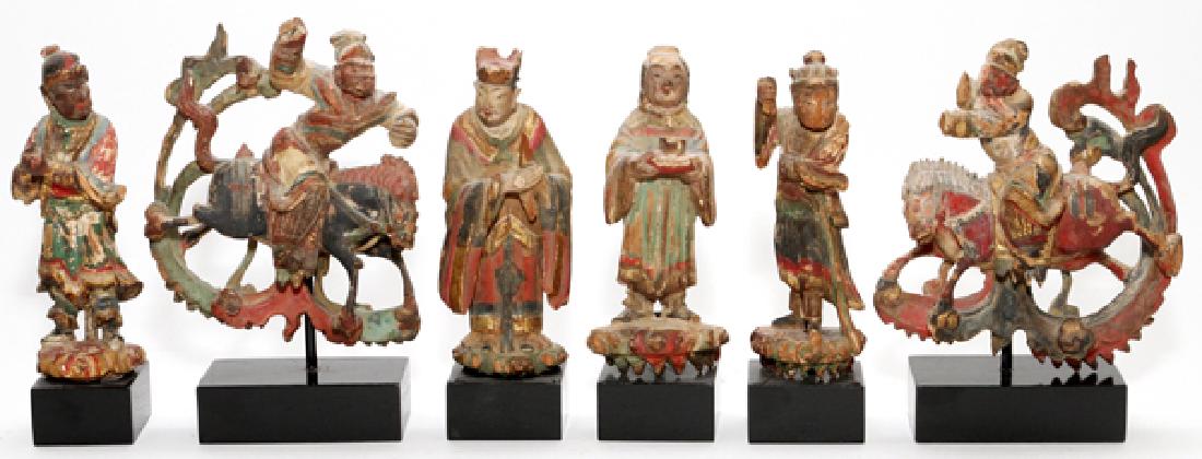 CHINESE CARVED WOOD POLYCHROME FIGURES 6 PIECES: CHINESE CARVED WOOD POLYCHROME FIGURES, 6 PIECES, H 5 1/2"-6": From the Estate of Daniel Clancy, Voltaire Place, Grosse Pointe Farms