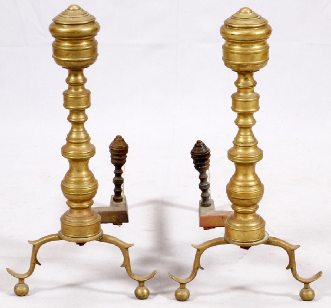 ANTIQUE FEDERAL BRASS ANDIRONS 19TH.C. PAIR (1 of 2)