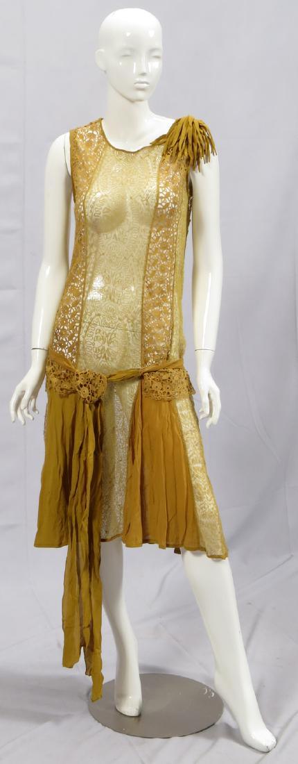 VINTAGE 1920'S FLAPPER DRESS DARK GOLD CREPE (1 of 4)