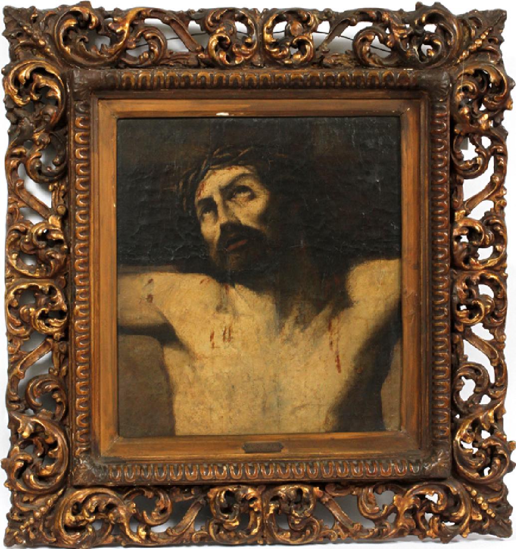 AFTER GUIDO RENI OIL ON CANVAS: AFTER GUIDO RENI, OIL ON CANVAS H 18 1/2" W 20 1/4" PORTRAIT OF CHRIST:Christ with crown of thorns.