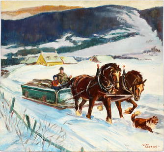 KARL LARSEN OIL ON MASONITE: KARL LARSEN OIL ON MASONITE, H 23.75", L 26"", WINTER FARM LANDSCAPE:Karl Larsen [Danish/American, 1899-1992]. A winter farm landscape with a man and boy riding in a horse drawn sleigh and a dog runni