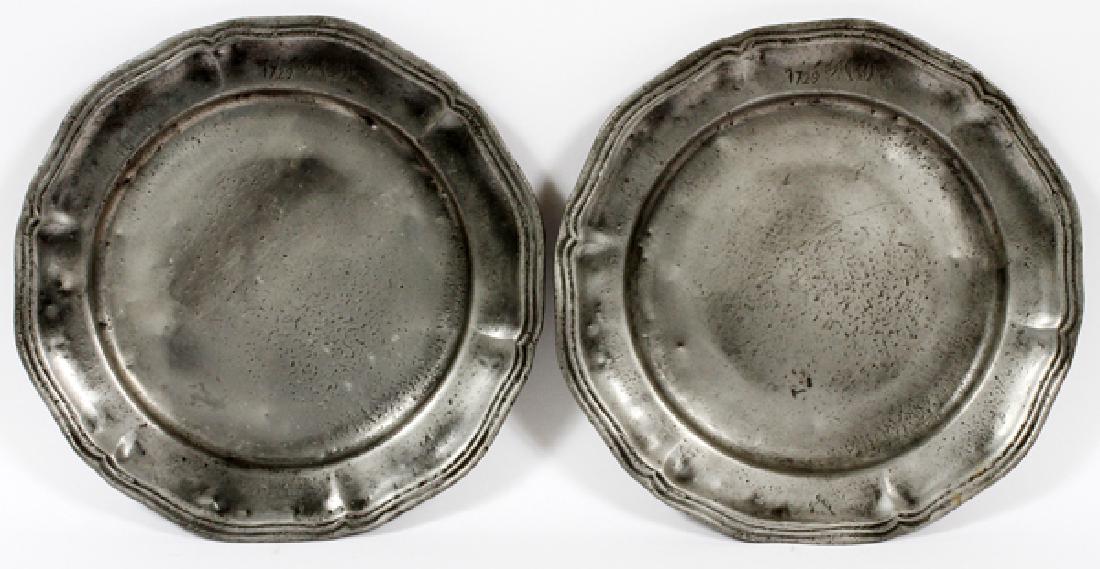CONTINENTAL PEWTER CHARGERS PAIR DATED 1729 (1 of 4)