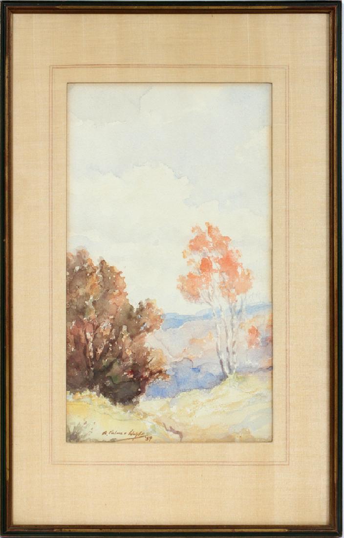 ARCHIE PALMER WIGLE WATERCOLOR 1937: ARCHIE PALMER WIGLE (USA), WATERCOLOR, 1937, H 15 1/2", W 9", FALL LANDSCAPE:Signed in the lower left corner and dated '37. Frame size H.23" x 15". From the Estate of William McGuire, Northville, Mich