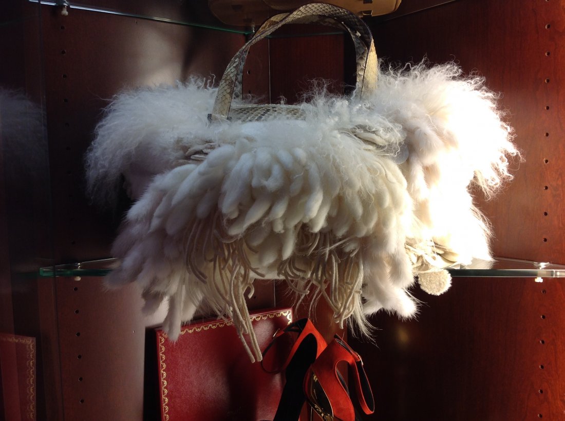 FENDI MAGNIFICIENT FUR BAG: INCREDIBLE FENDI BAG. MADE OF FUR, LEATHER, SUEDE. ACCENTED WITH PYTHON AND MOTHER OF PEARL. LARGE. WORN ONCE, CELEBRITY OWNED. PERFECT CONDITION. A SHOWSTOPPER! ORIG. PRICE $3200 BIJOU LUXURY CONSIGN