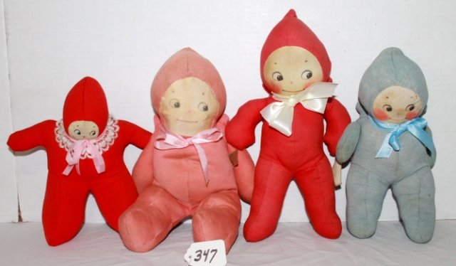 8" RED - 9" BLUE WITH TAG. 11" RED - NO TAG. 11" PINK: 8" RED - 9" BLUE WITH TAG. 11" RED - NO TAG. 11" PINK WITH TAG. PLUSH DOLLS ALL FAIR TO GOOD CONDITION.